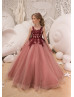 Blush Pink And Maroon Lace Tulle Corset V Back Flower Girl Dress
